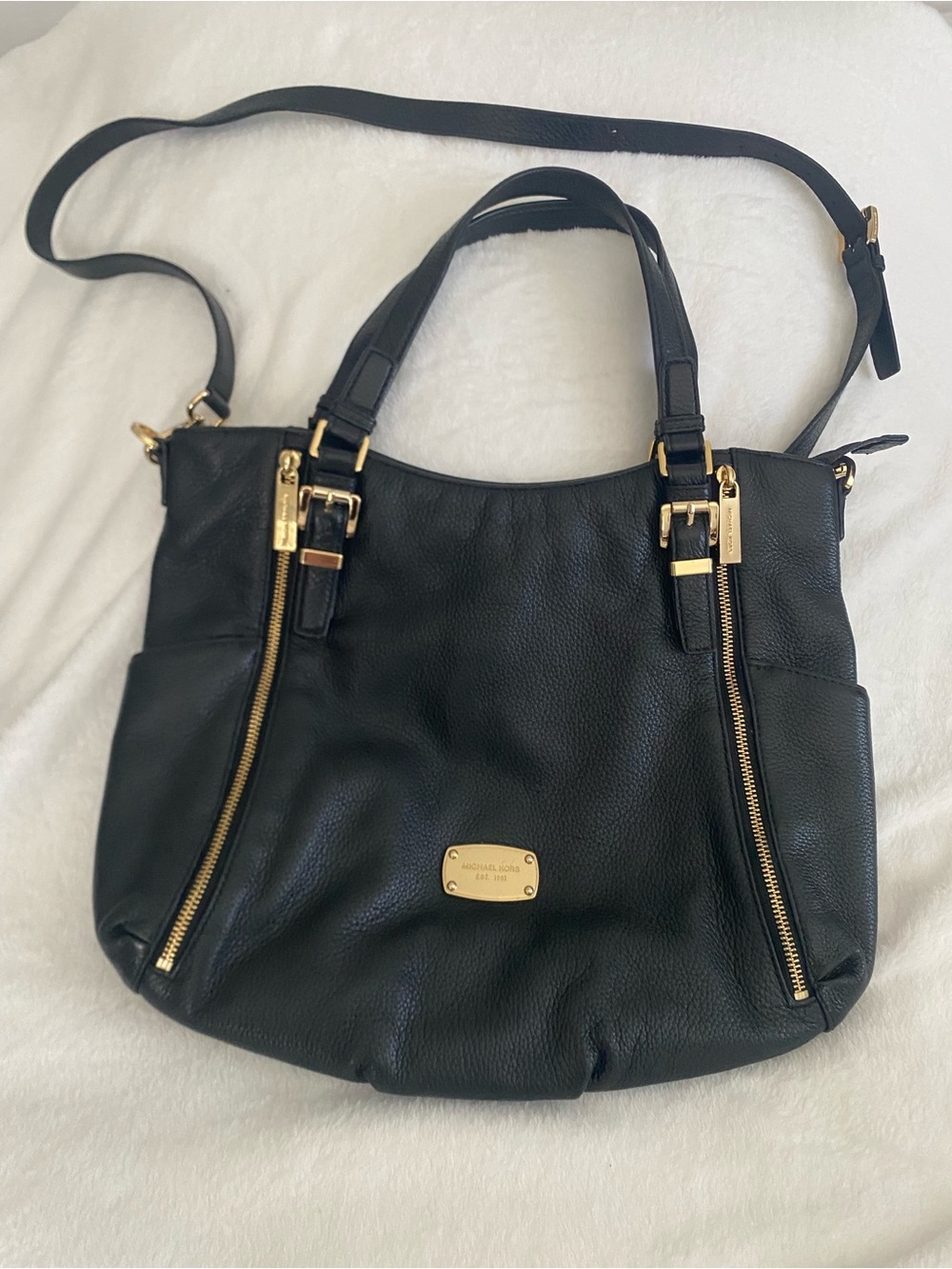 Michael Kors Black Leather Shoulder Bag with Gold Hardware